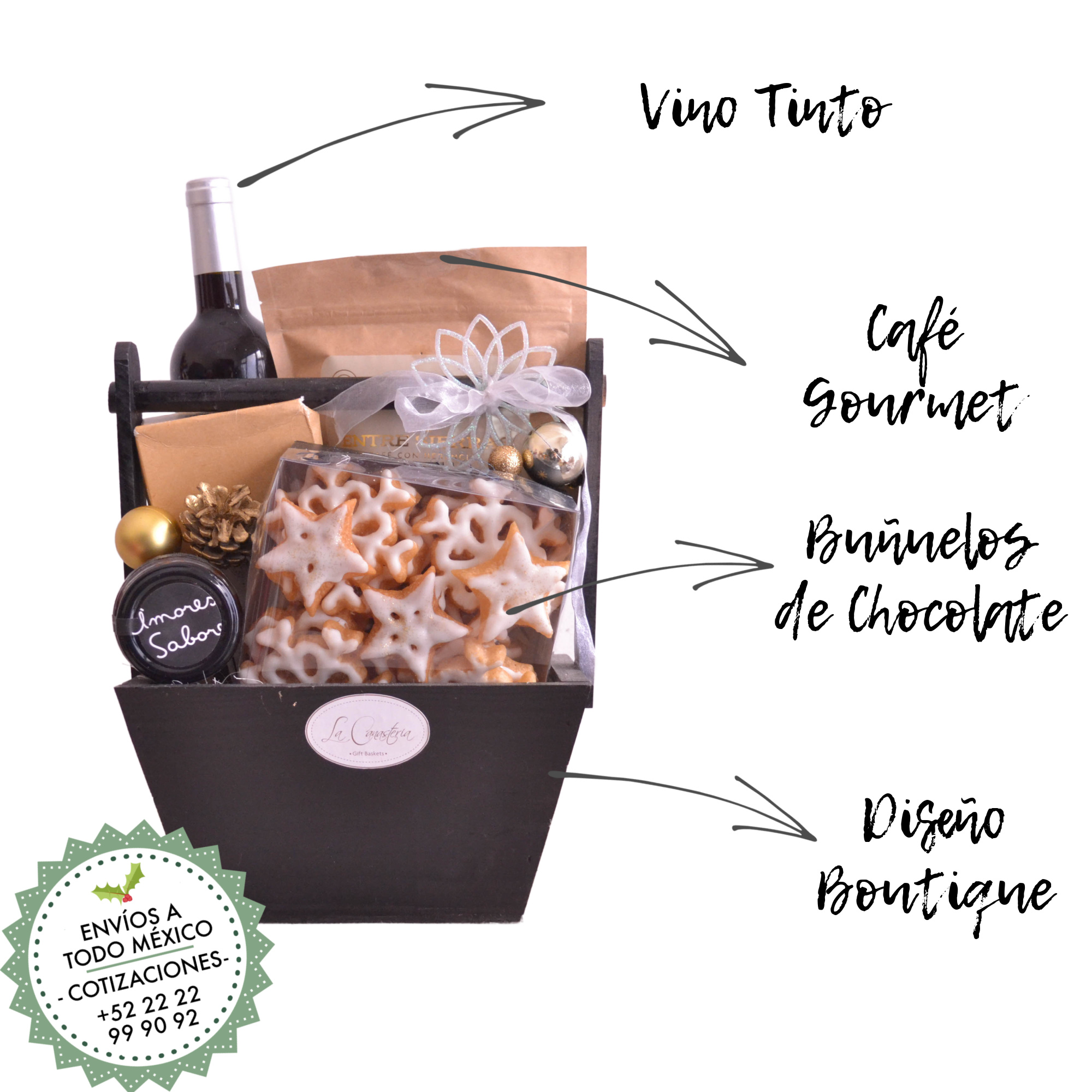 Canastas navideñas con vino, buñuelos, galletas y productos gourmet