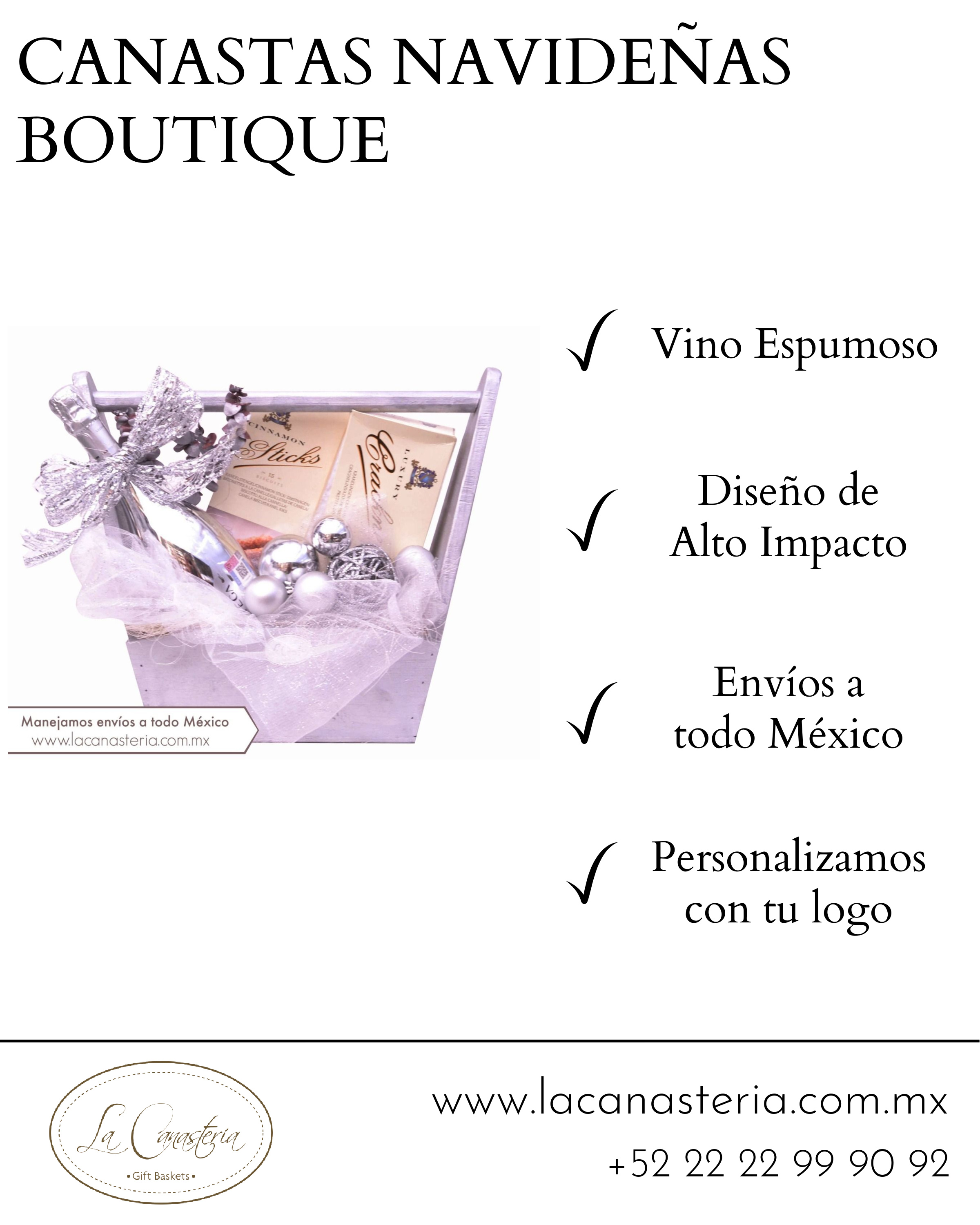 Canastas navideñas con diseño boutique navideño y vino espumoso