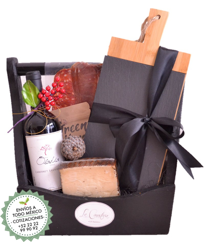 Canastas de regalo navideñas para empresas con vinos, quesos y productos gourmet con envíos a todo México