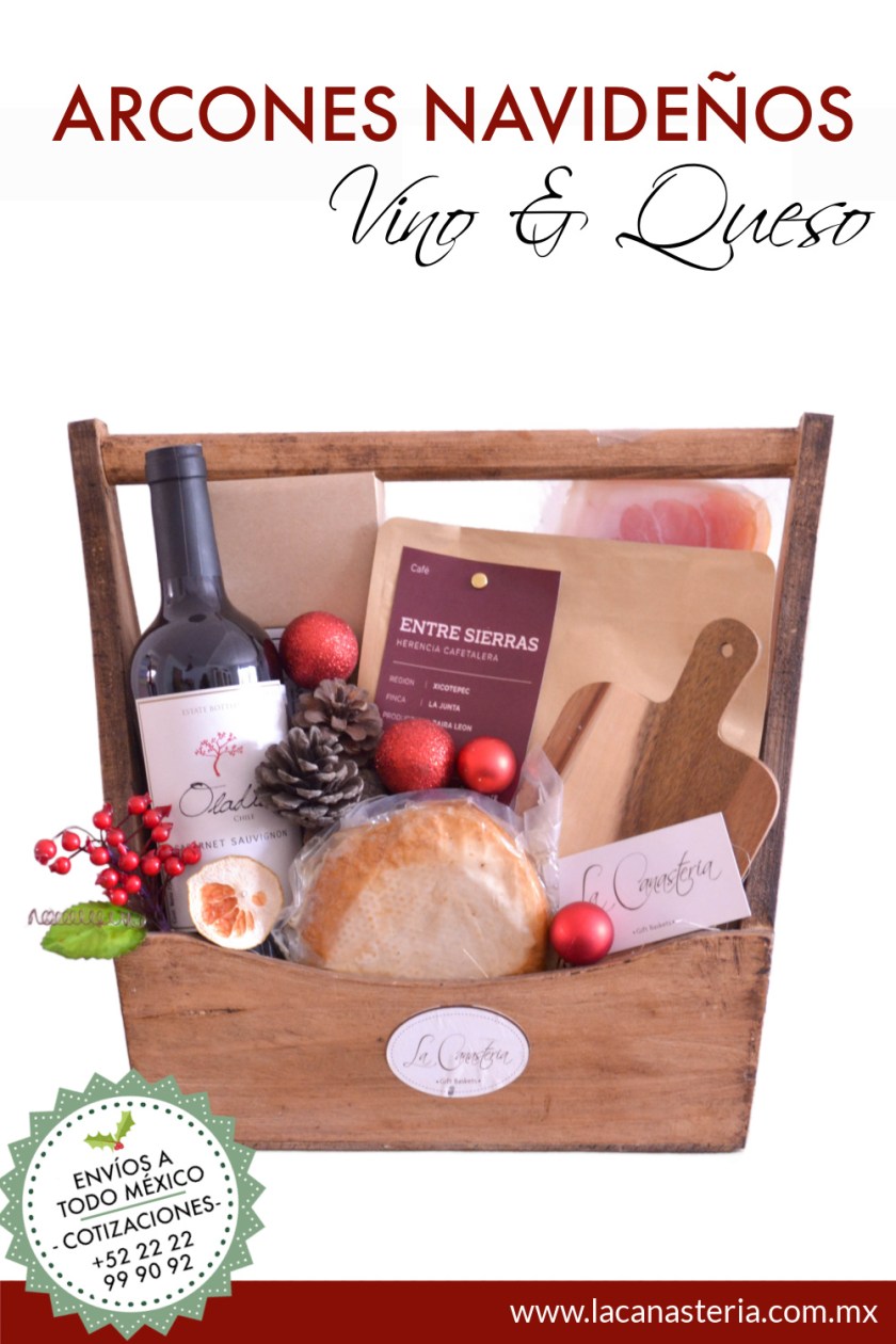 Canastas y arcones navideños gourmet con vino y queso para empresas