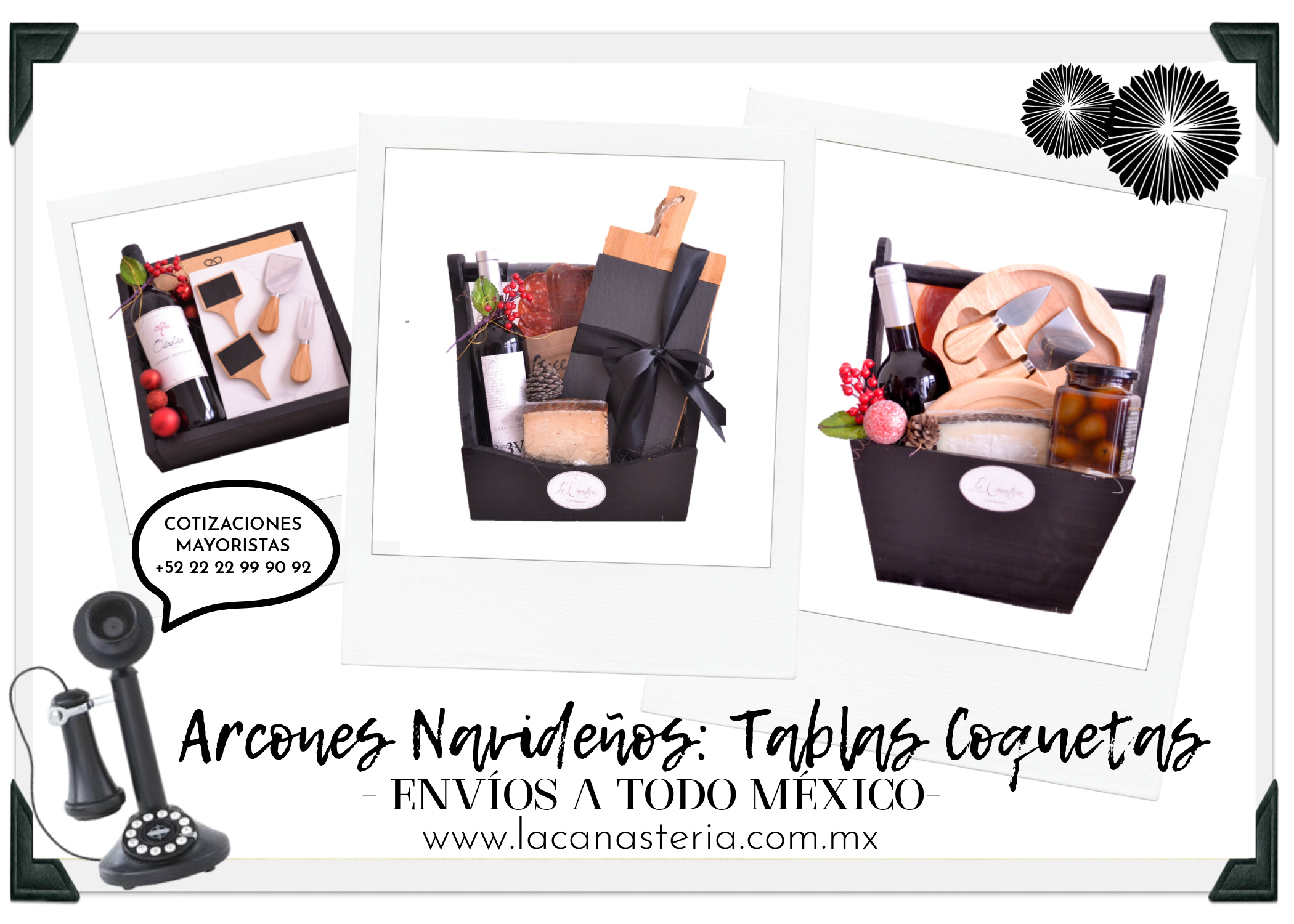 Canastas navideñas con vino y tablas para cortes y quesos