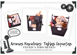 Canastas navideñas con vino y tablas para cortes y quesos