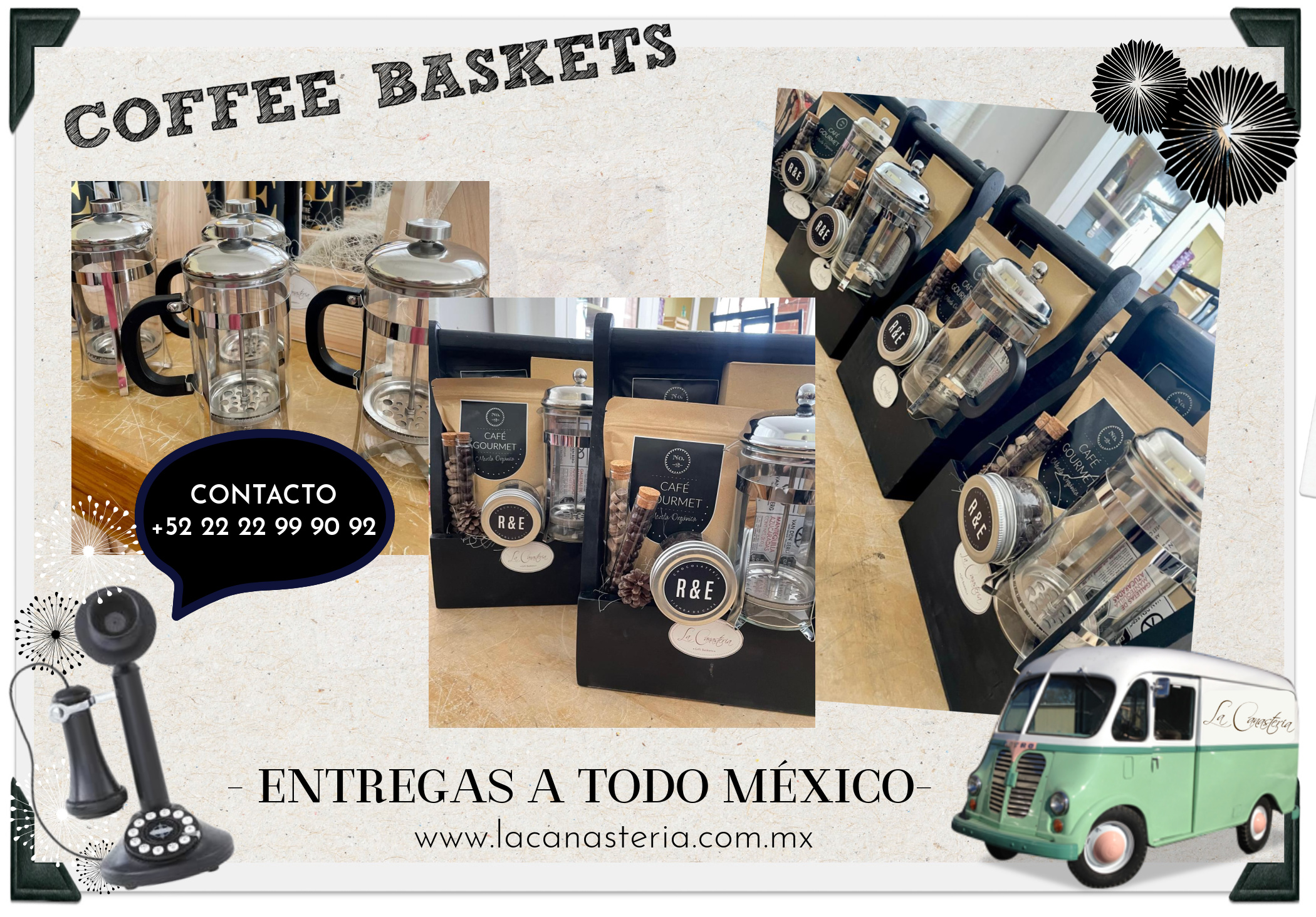 Cajas y canastas de regalo con kit de café y prensa francesa de la canastería