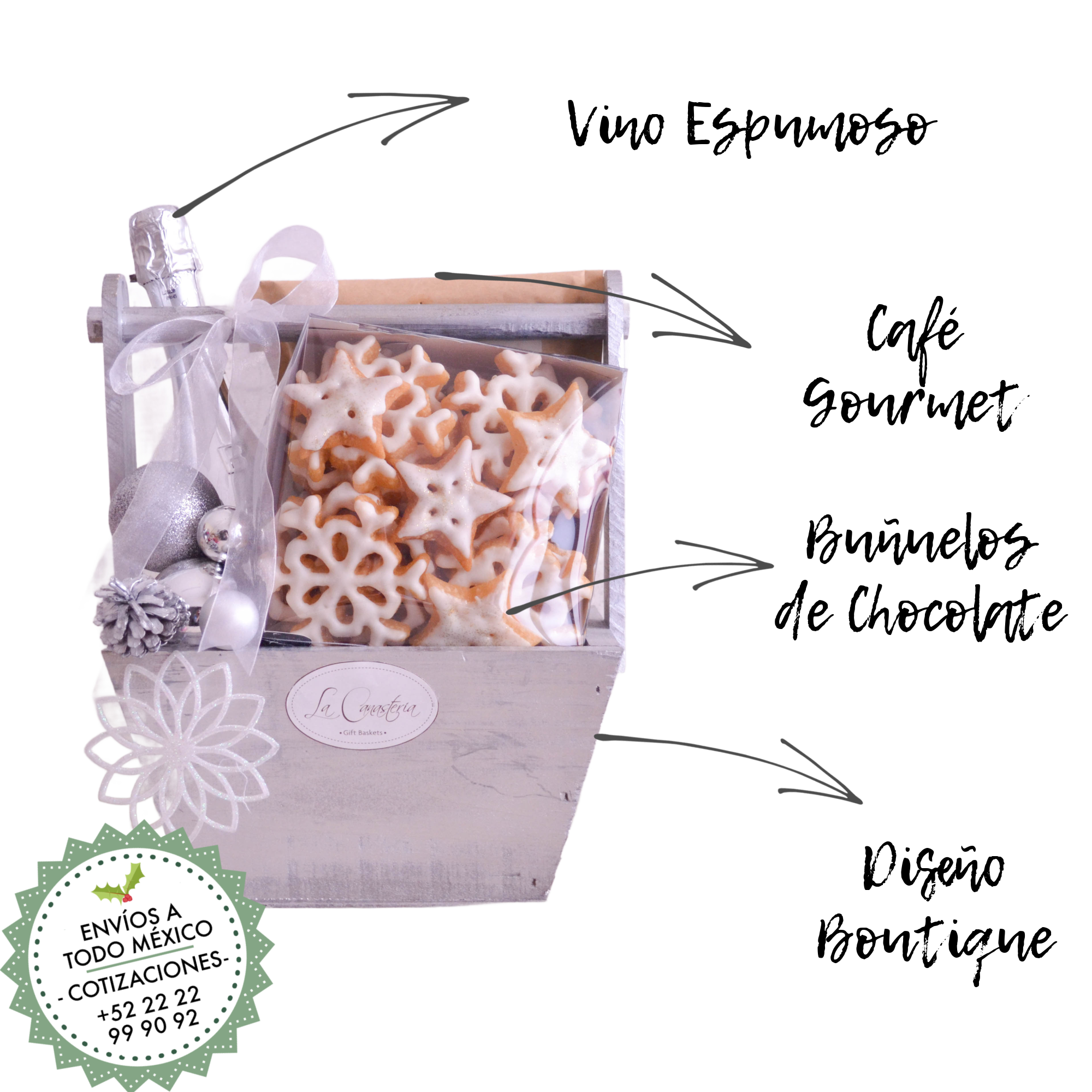 Canastas navideñas con vino espumoso bottega y buñuelos de chocolate