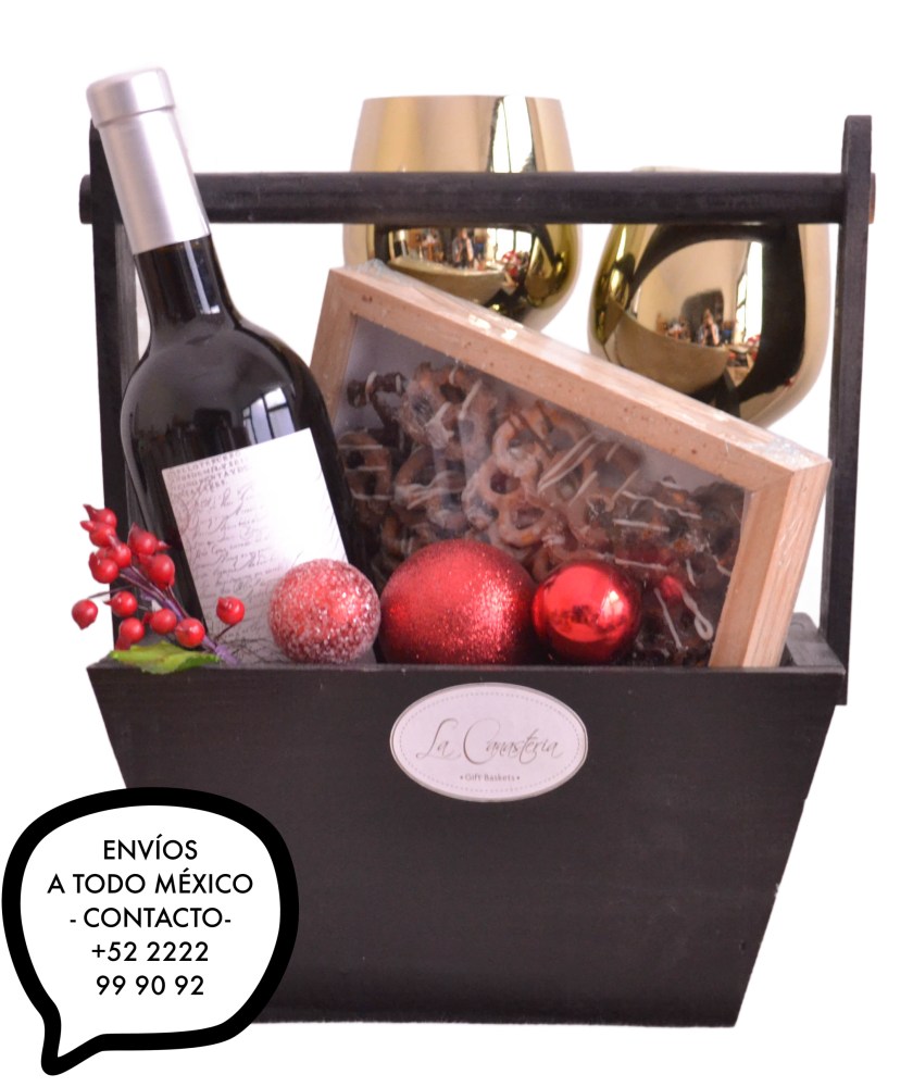 Canastas navideñas con vino y copas la canastería