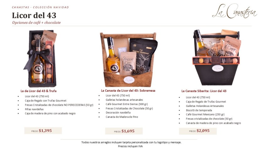 Arcones y canastas navideñas para empresa con licor del 43