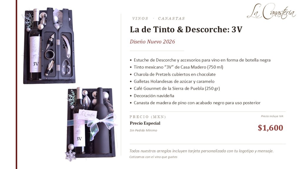 Caja de regalo navideña para empresas con vino mexicano 3V y estuche con accesorios de vino para clientes o colegas de trabajo VP